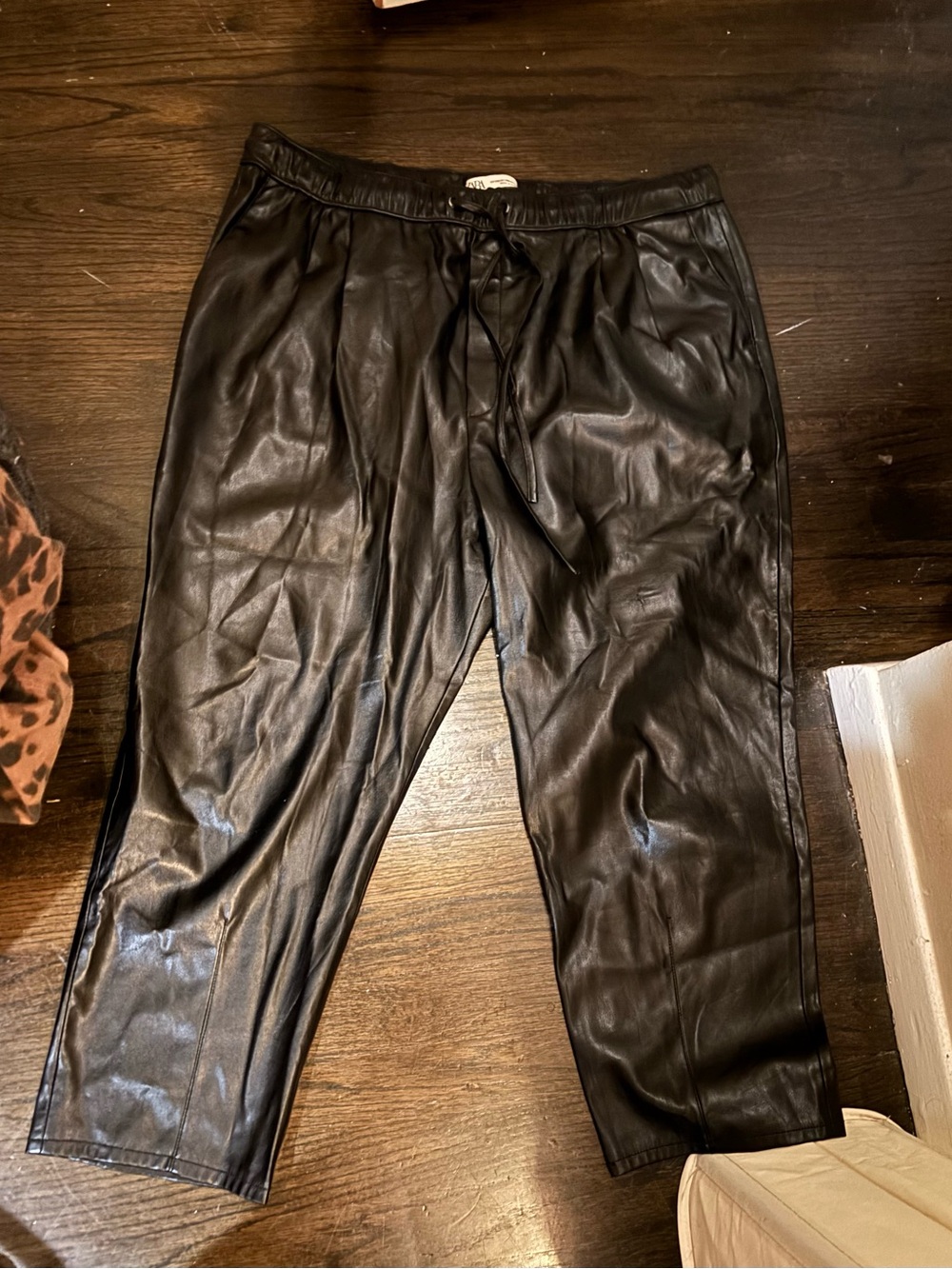 Women's Black Faux Leather Drawstring Pants